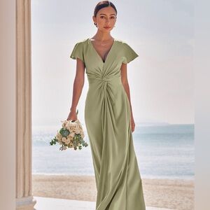 Stacees Sheath V Neck Floor-Length Stretch Satin Bridesmaid Dress - Celadon